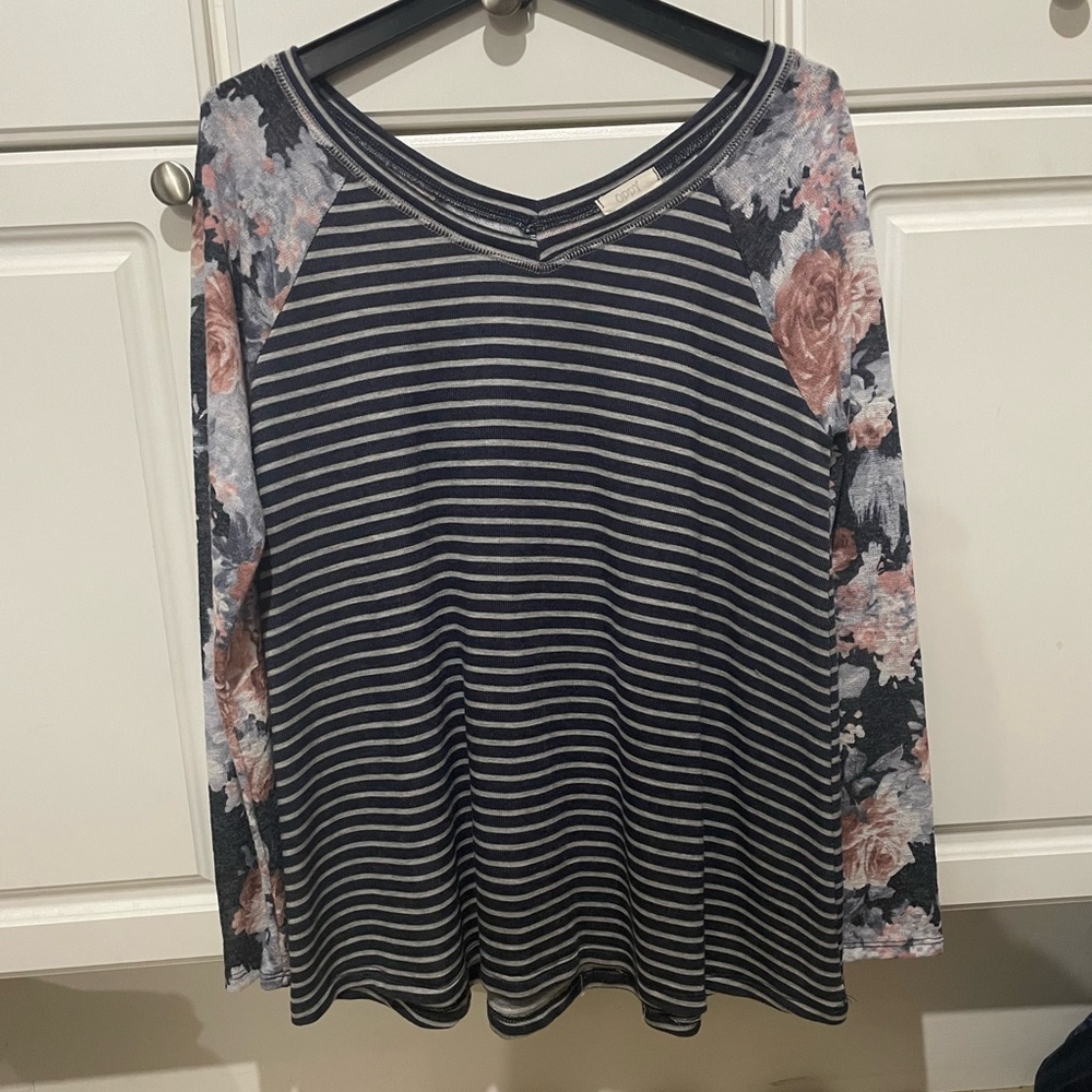 Women’s medium T long sleeve. Navy with gray stripes and pink and grey floral
